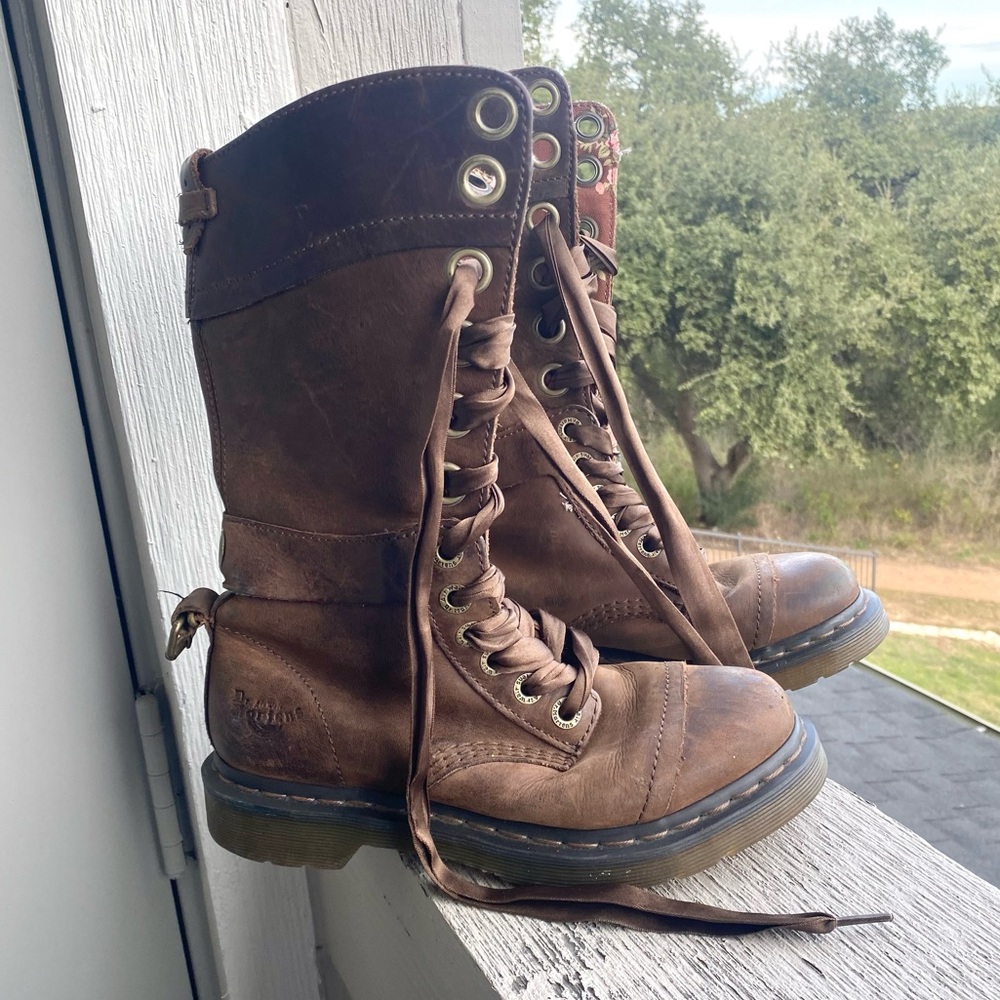 Doc Martens Triumph 1914 Boots Brown Leather Floral Lace Up Tall Combat Boots 7